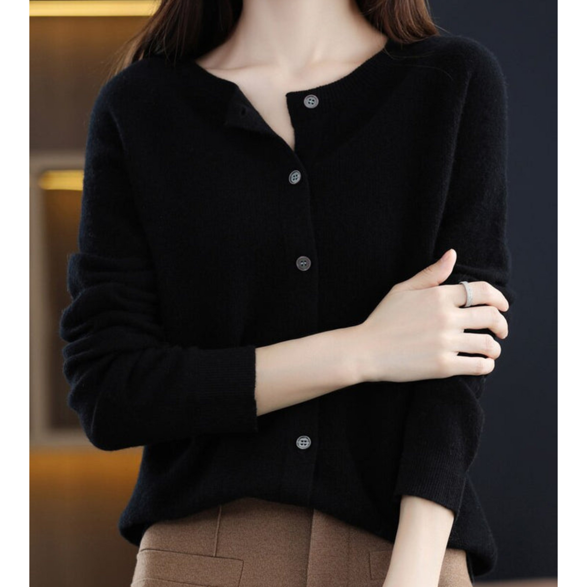 Women's Cardigan | Crew Neck Soft Knit Button-Up - Black
