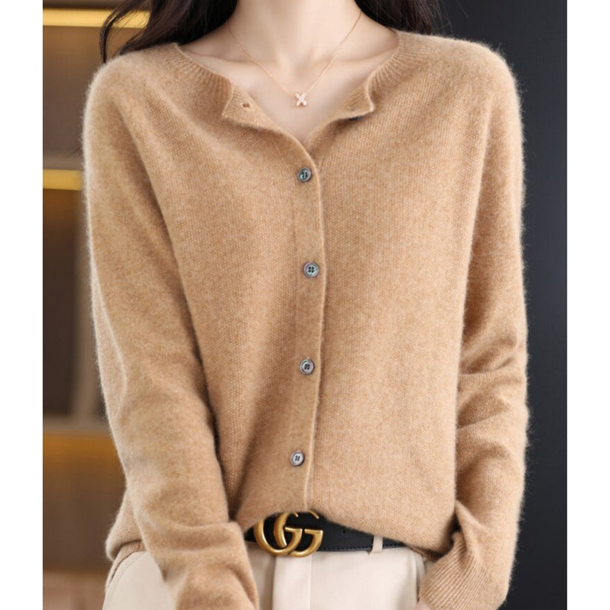 Women's Cardigan | Crew Neck Soft Knit Button-Up - Camel