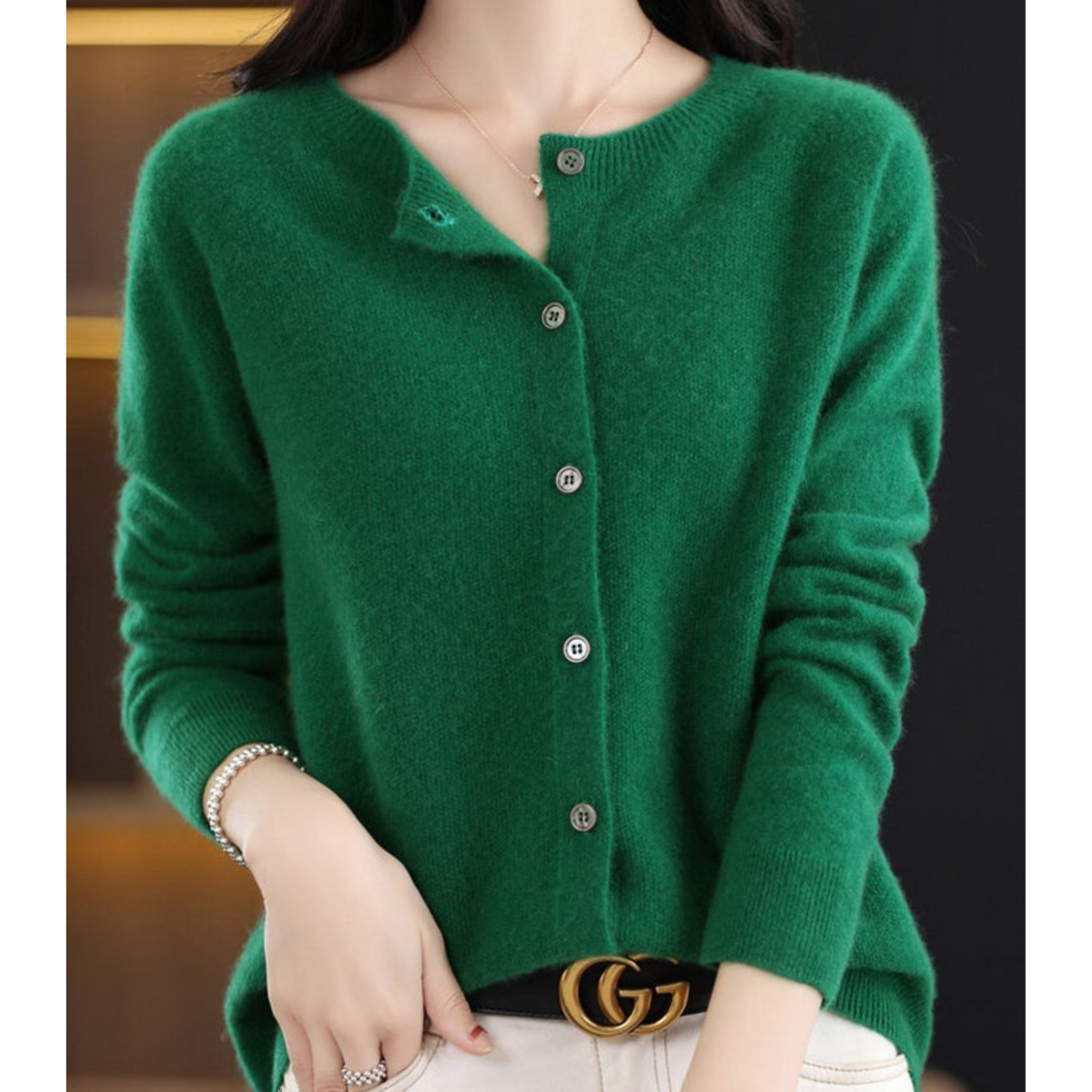 Women's Cardigan | Crew Neck Soft Knit Button-Up - Green