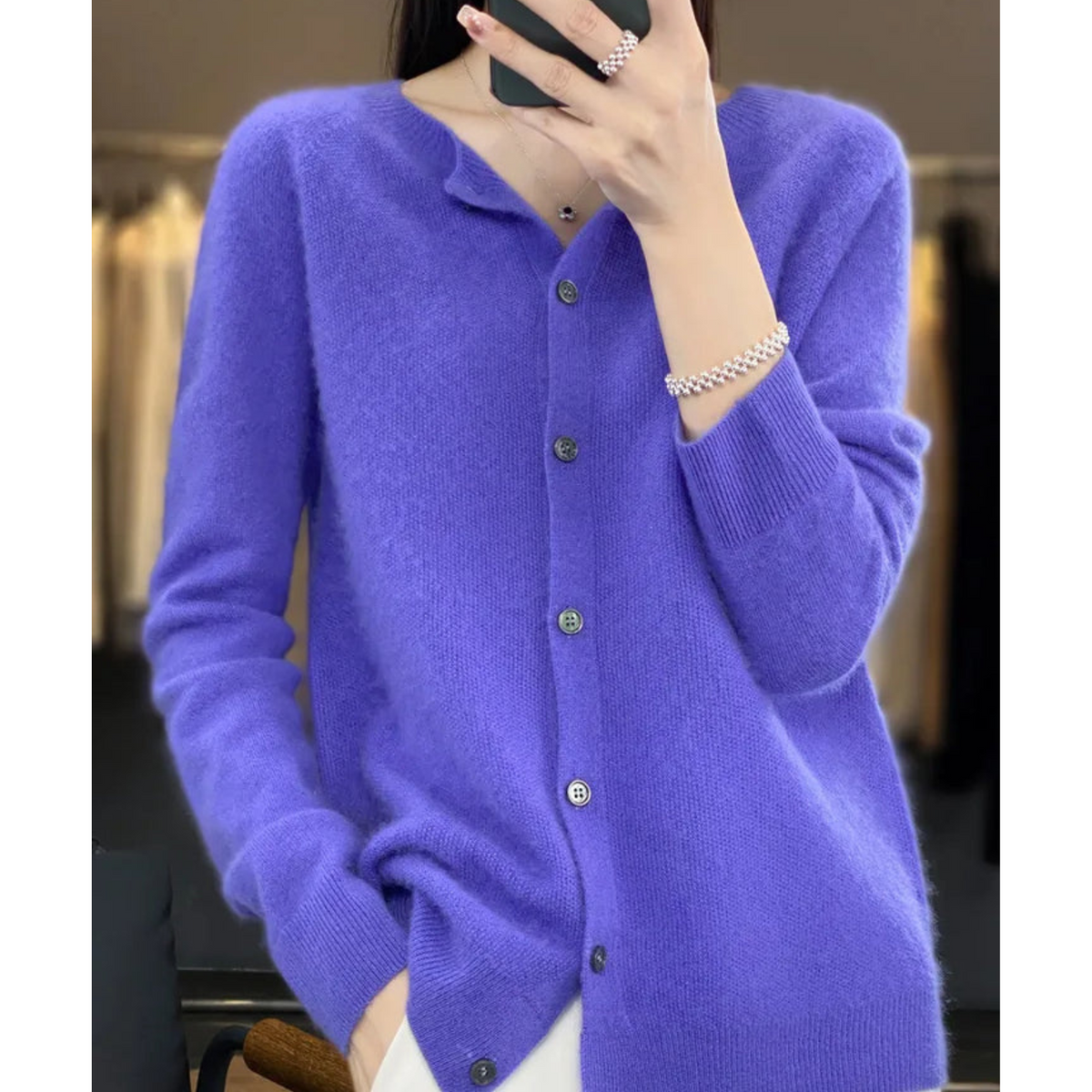 Women's Cardigan | Crew Neck Soft Knit Button-Up - Royal Blue