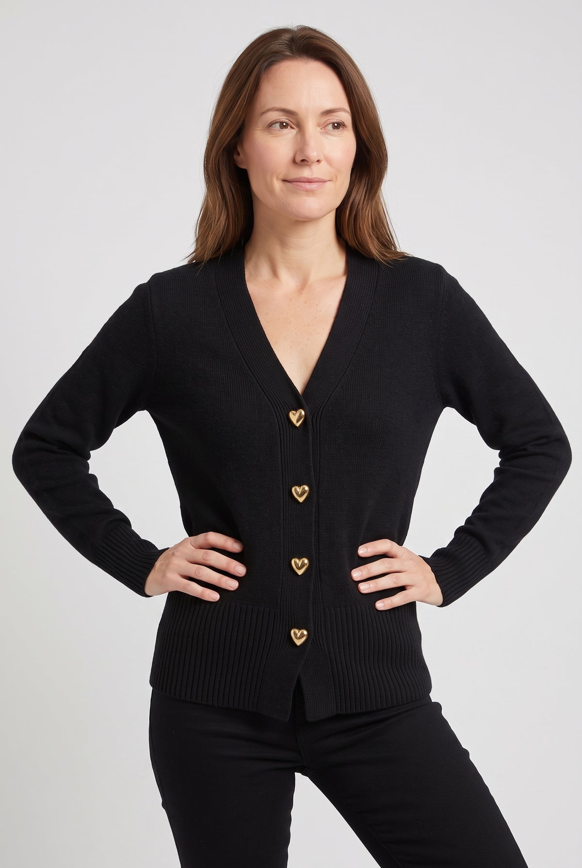 Women's Cardigan | V-Neck with Heart Buttons - Black