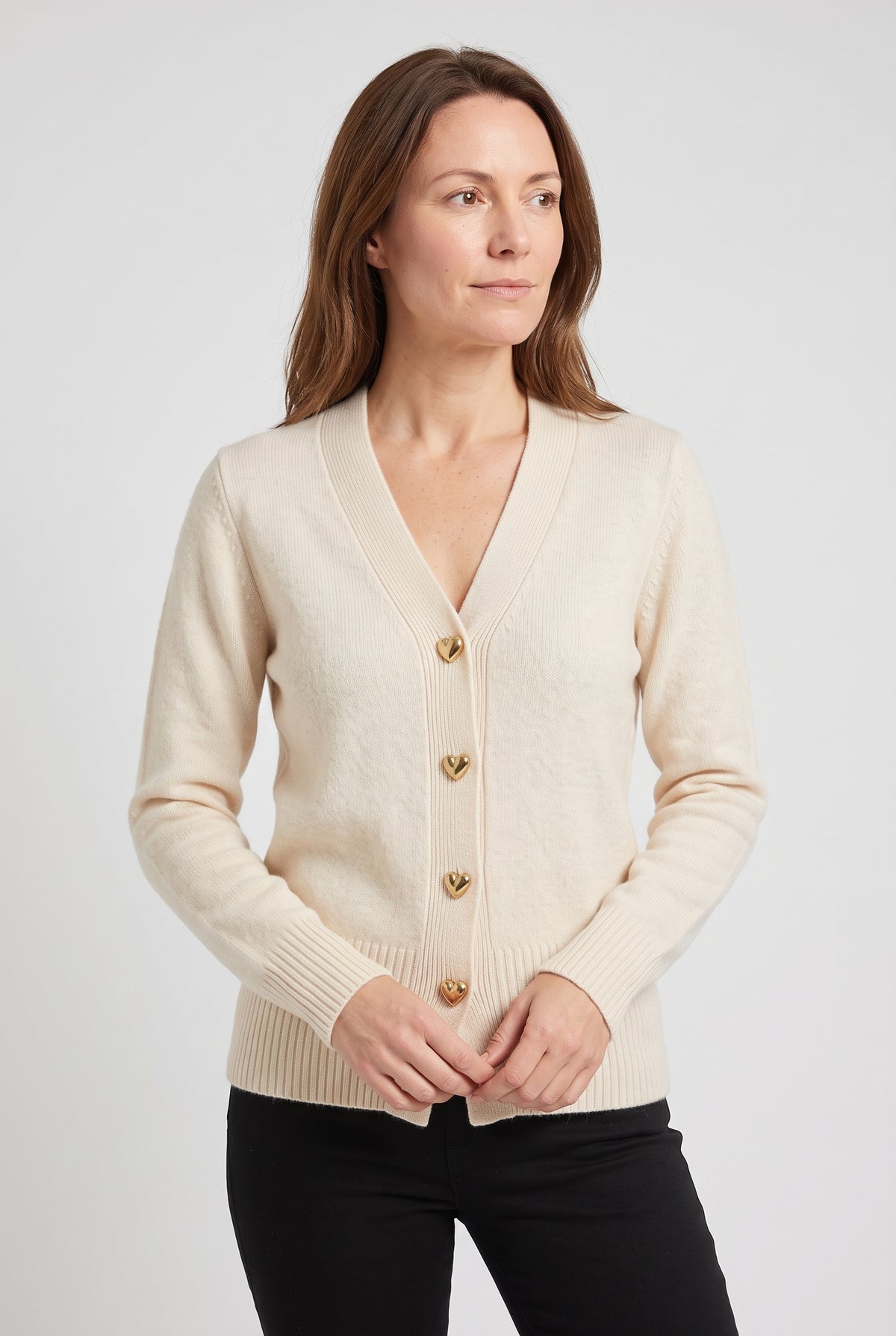 Women's Cardigan | V-Neck with Heart Buttons - Cream