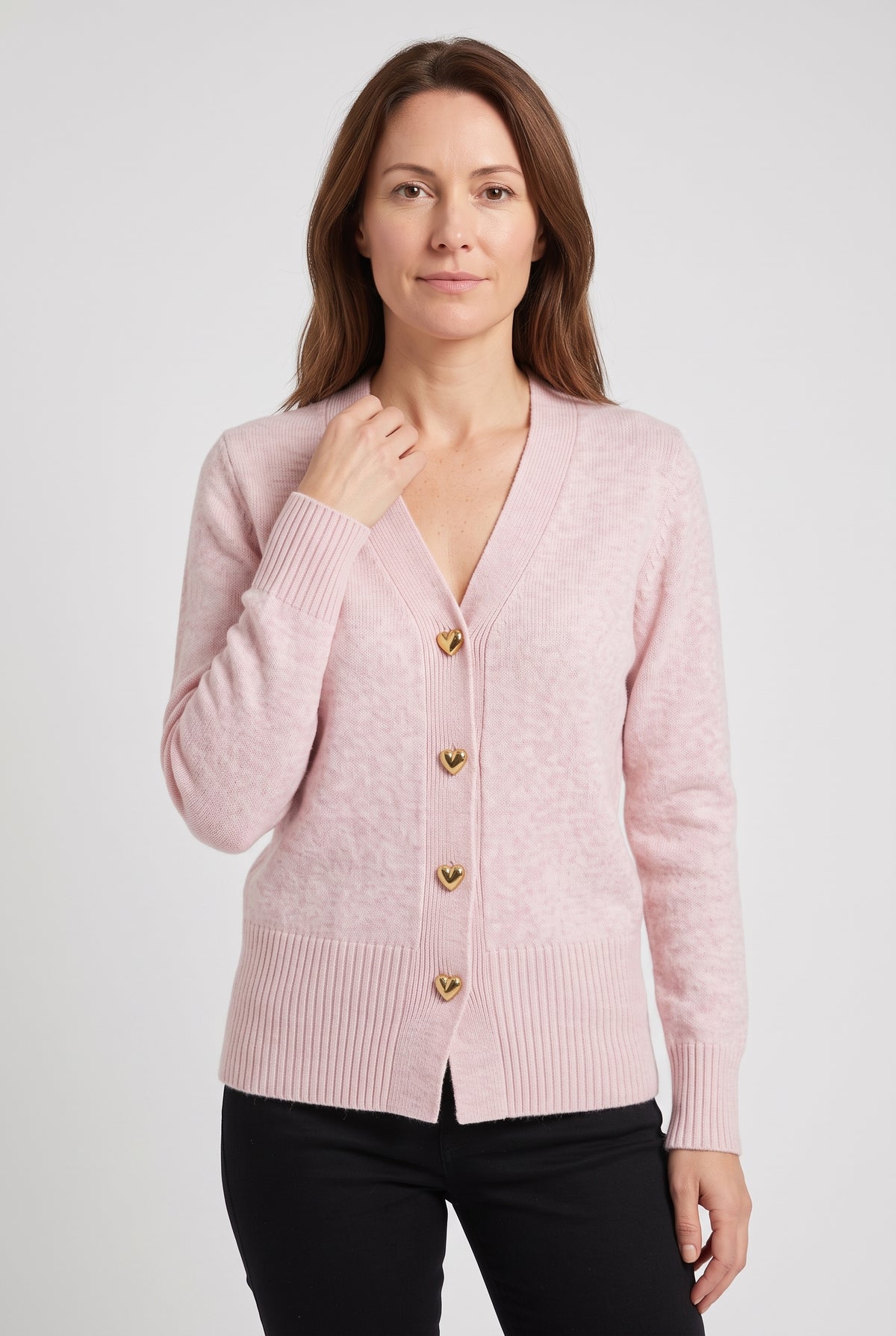 Women's Cardigan | V-Neck with Heart Buttons - Light Pink