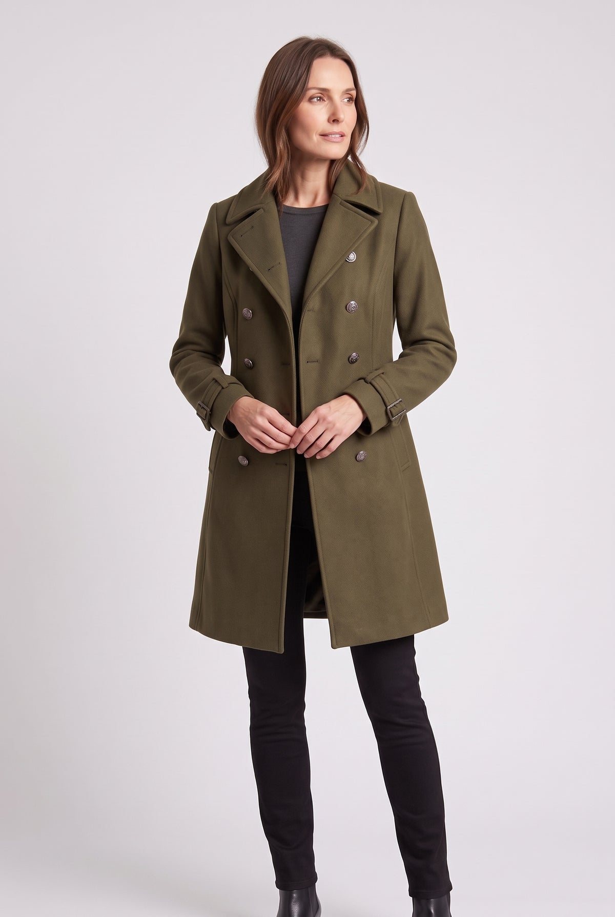 Women's Coat | Double-Breasted Military Style with Notch Lapels - Olive