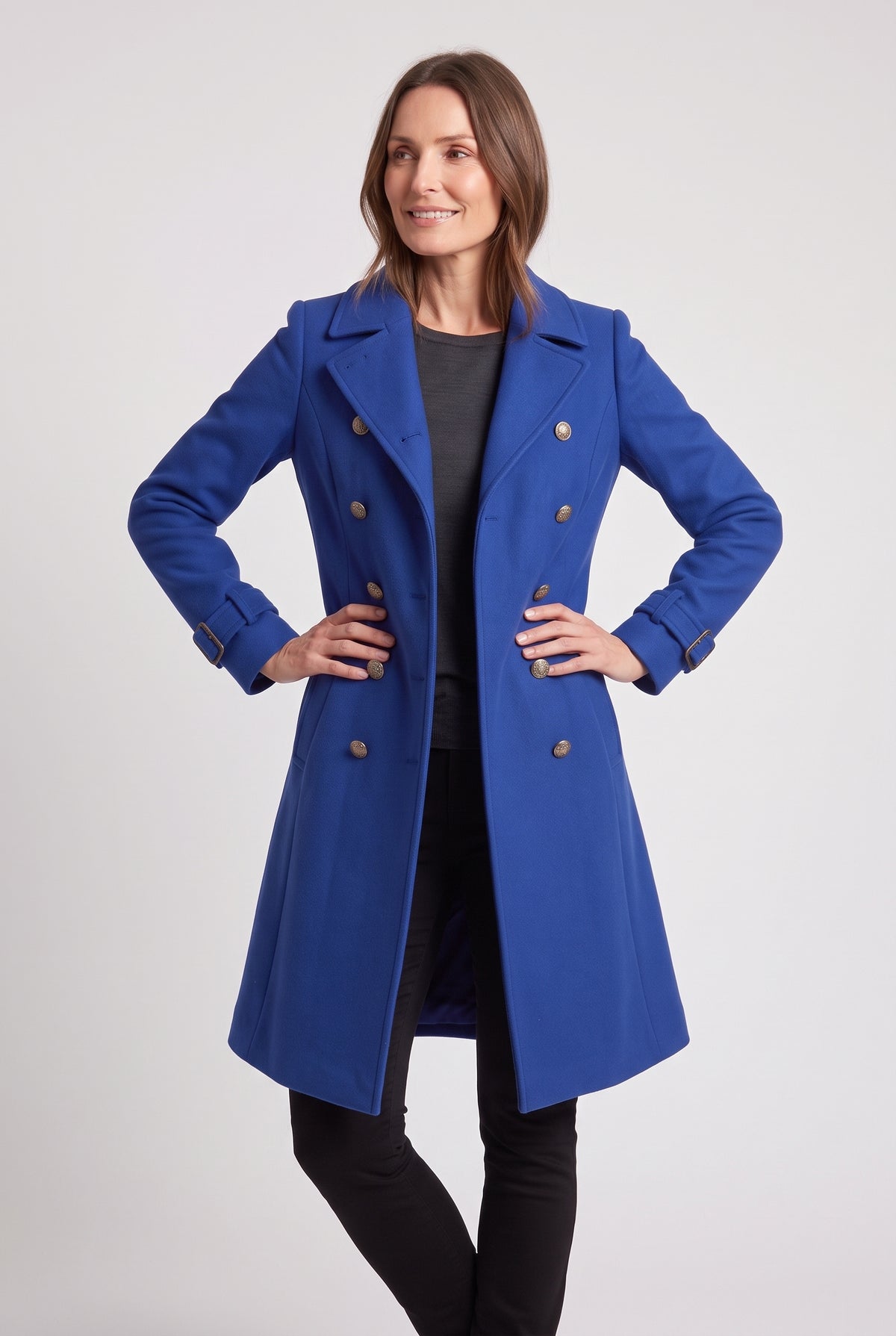 Women's Coat | Double-Breasted Military Style with Notch Lapels - Royal Blue