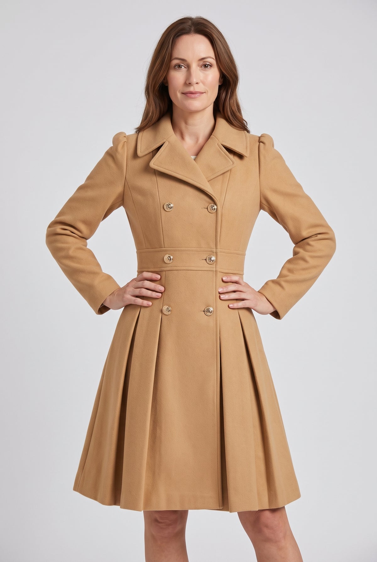 Women's Coat | Double-Breasted Pleated Flare - Camel