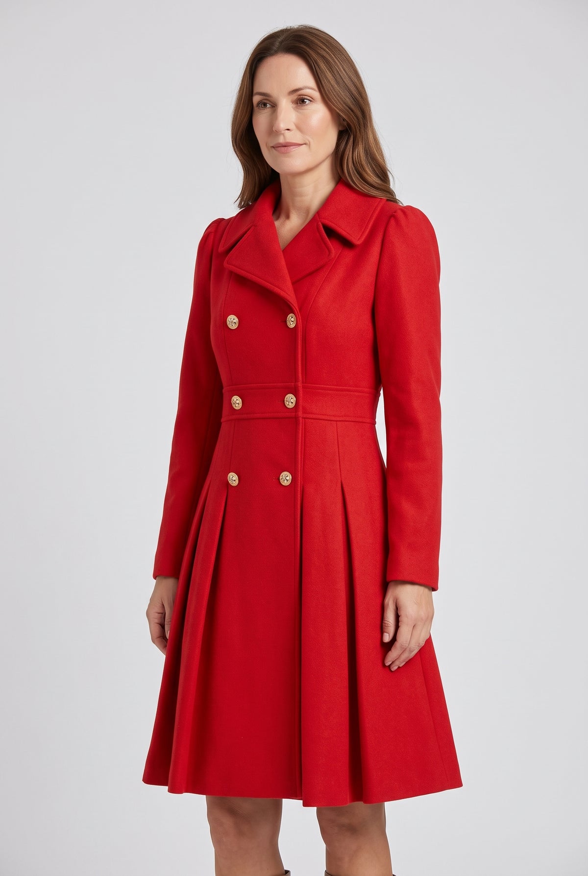 Women's Coat | Double-Breasted Pleated Flare - Red