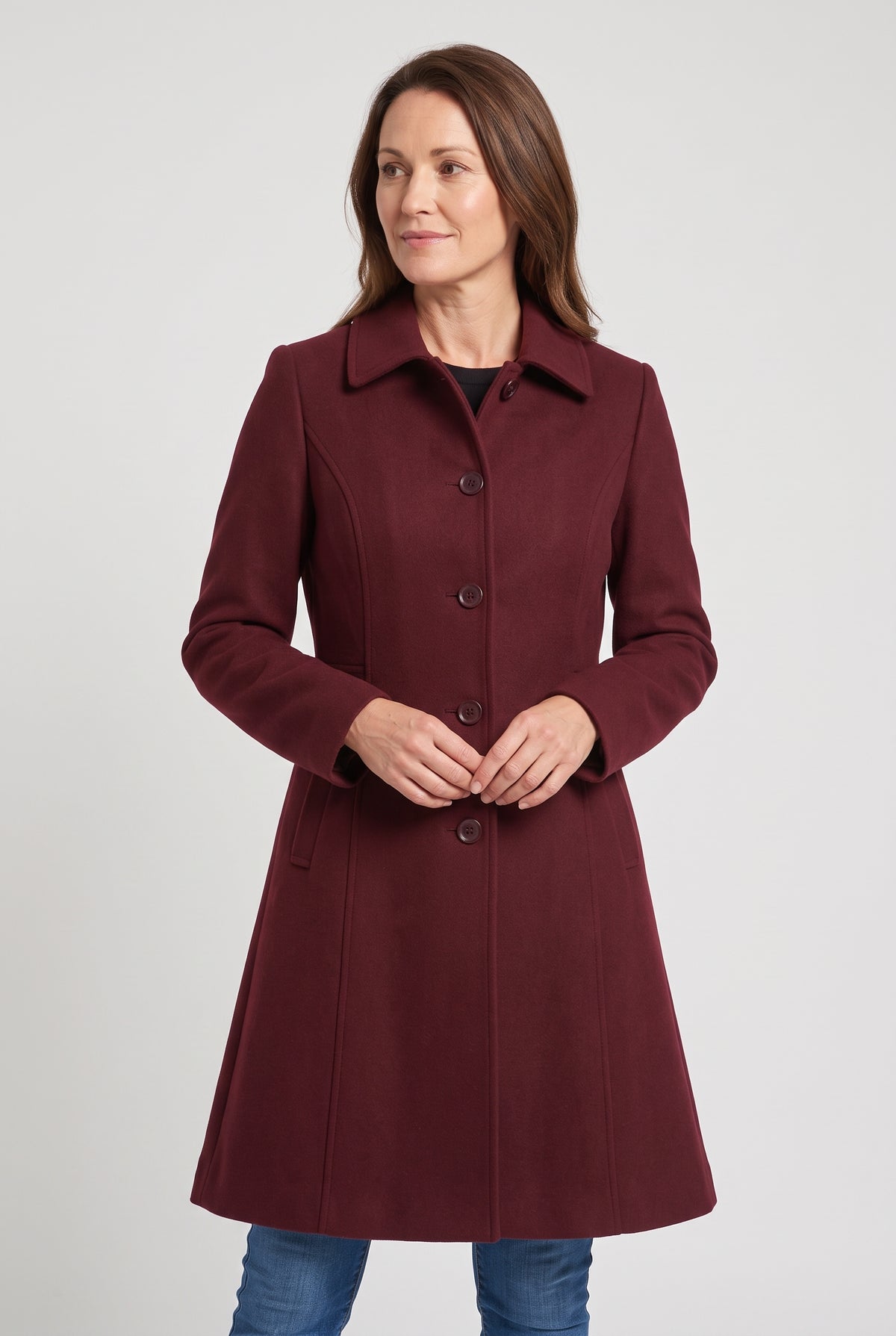 Women's Coat | Single-Breasted Fit and Flare - Burgundy