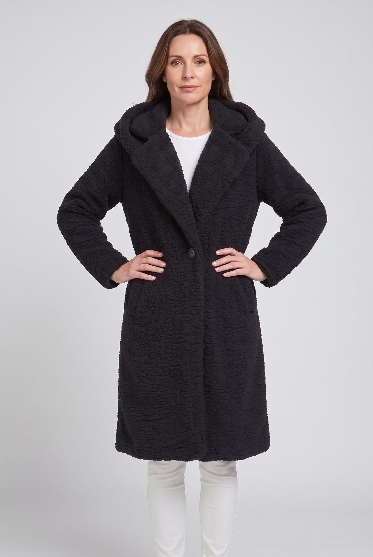Women's Coat | Teddy Longline with Hood - Black