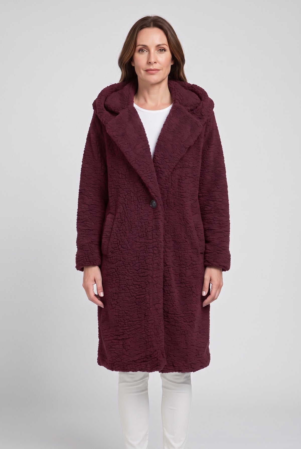 Women's Coat | Teddy Longline with Hood - Burgundy