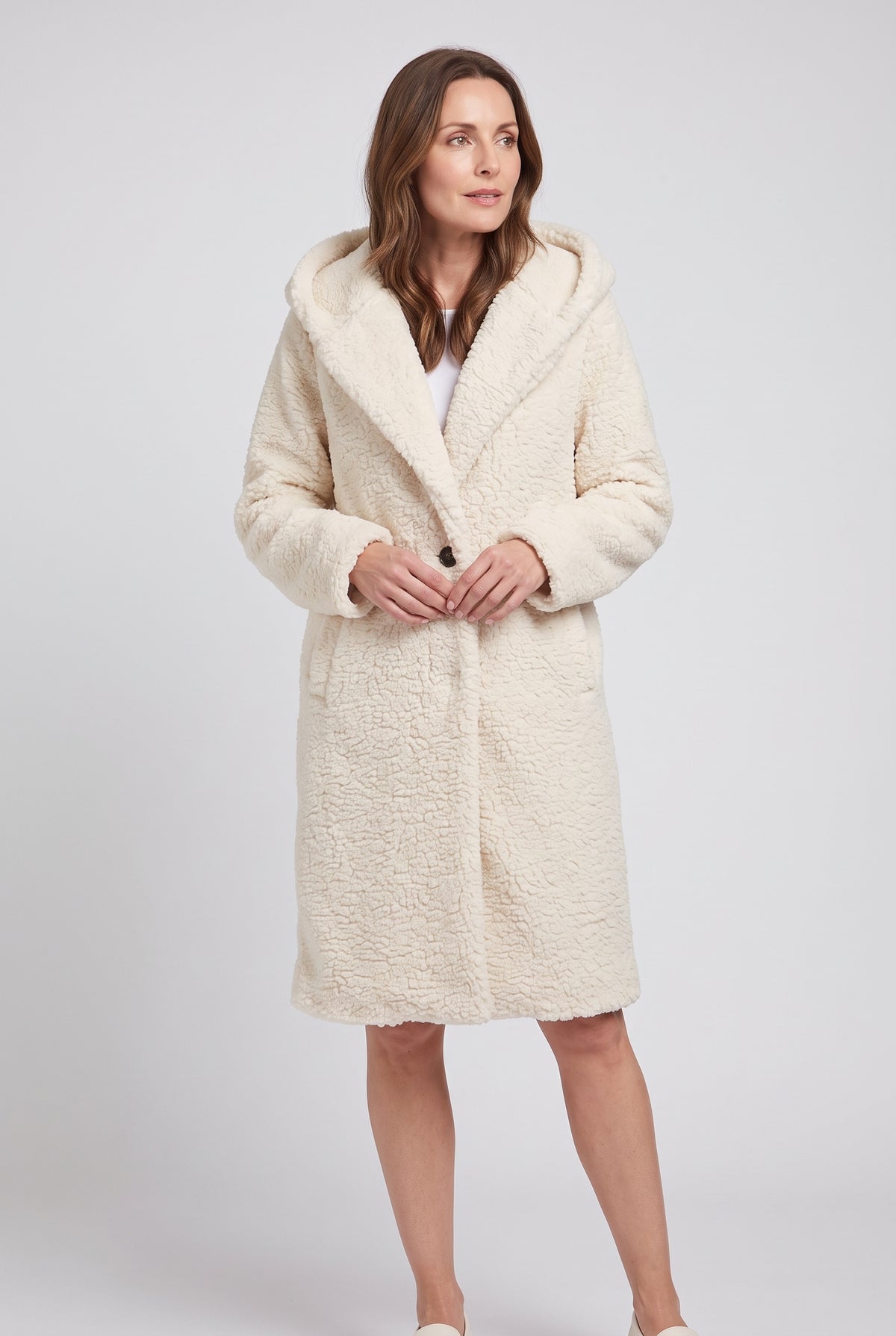 Women's Coat | Teddy Longline with Hood - Cream