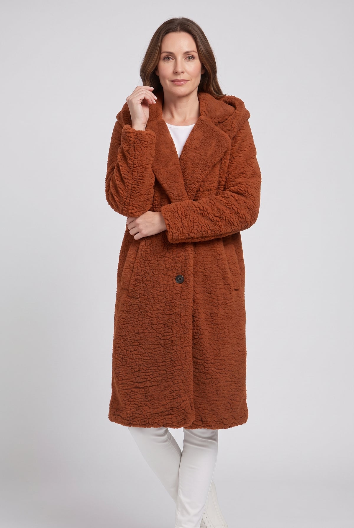 Women's Coat | Teddy Longline with Hood - Rust