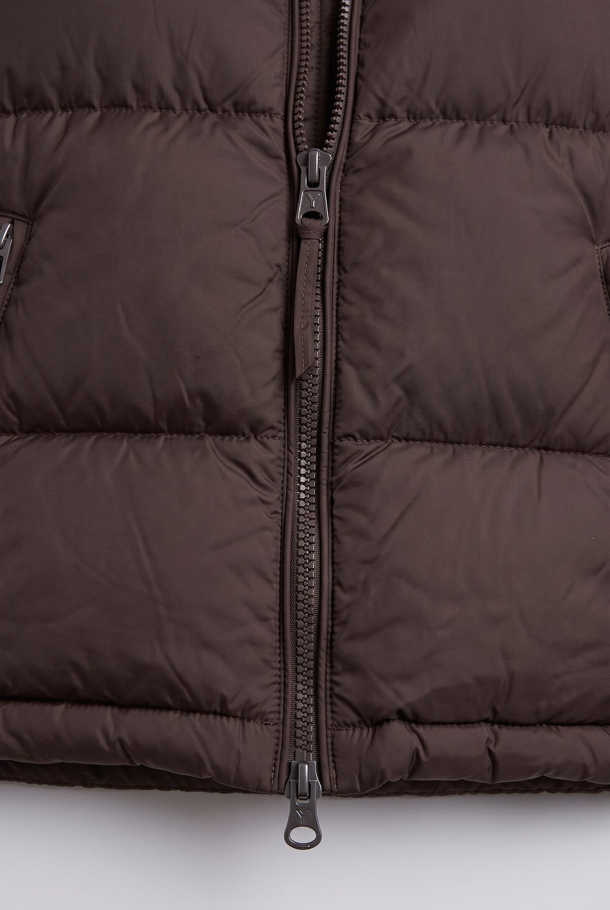 Women's Gilet | Puffer Funnel Neck with Two-Way Zip - Dark Brown detail