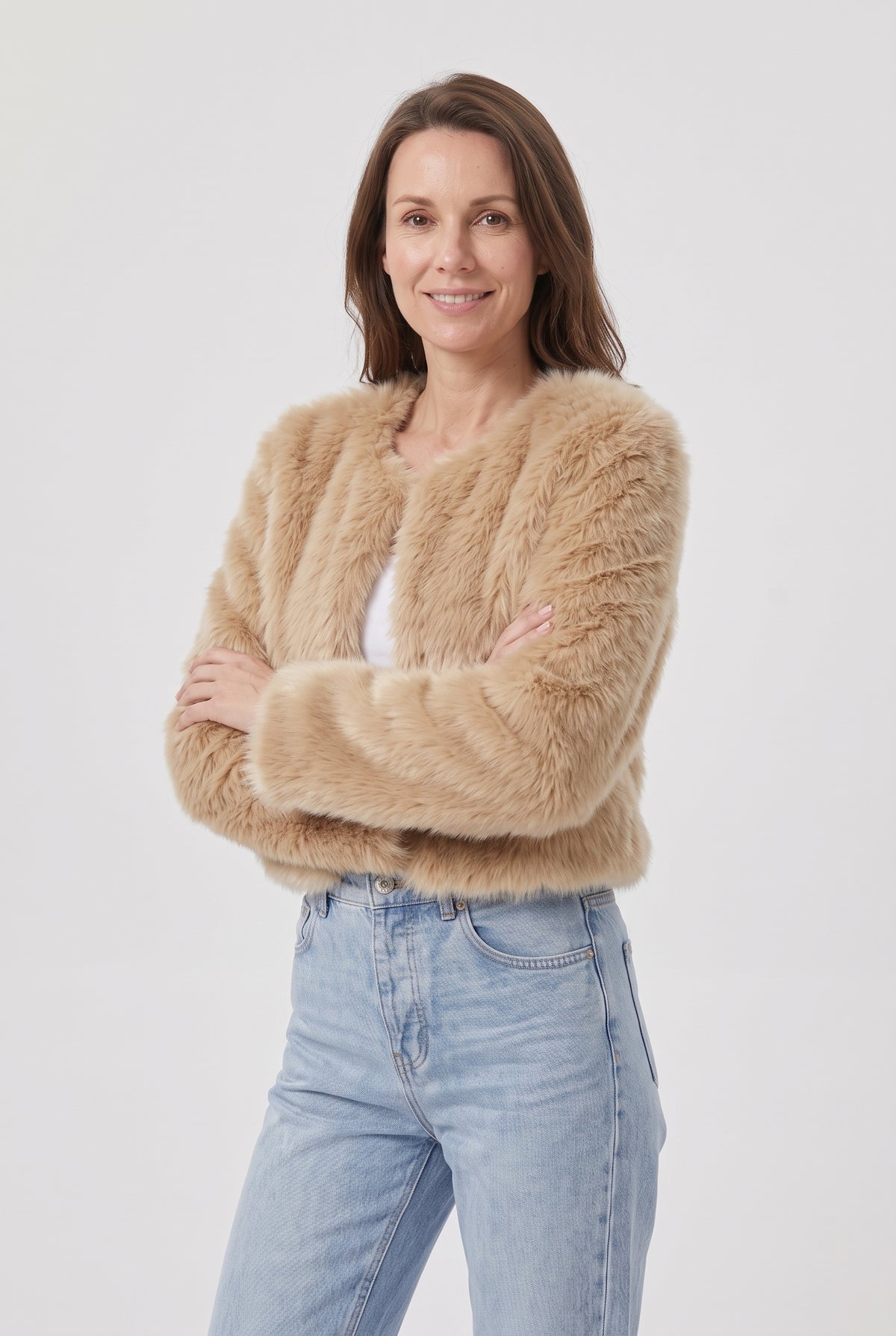 Women's Jacket | Faux Fur Cropped Collarless Open-Front - Camel