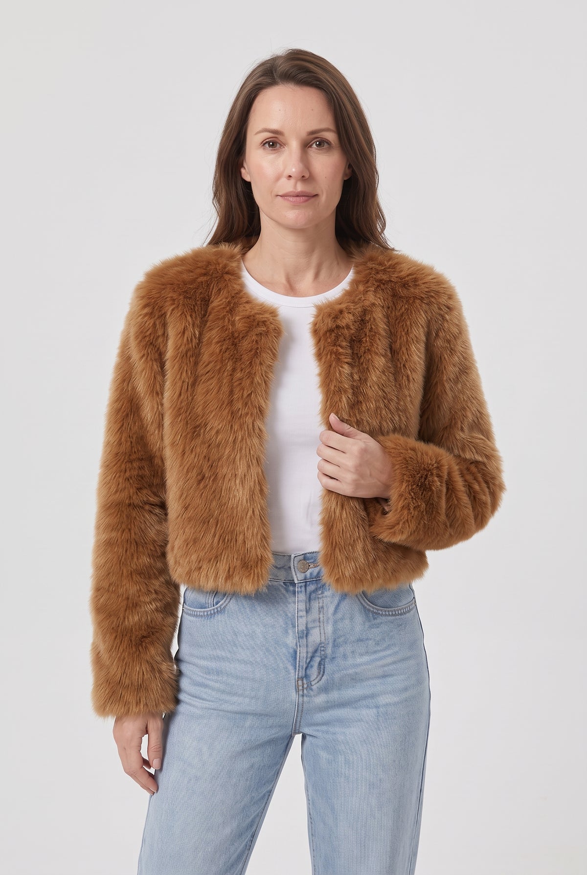 Women's Jacket | Faux Fur Cropped Collarless Open-Front - Caramel