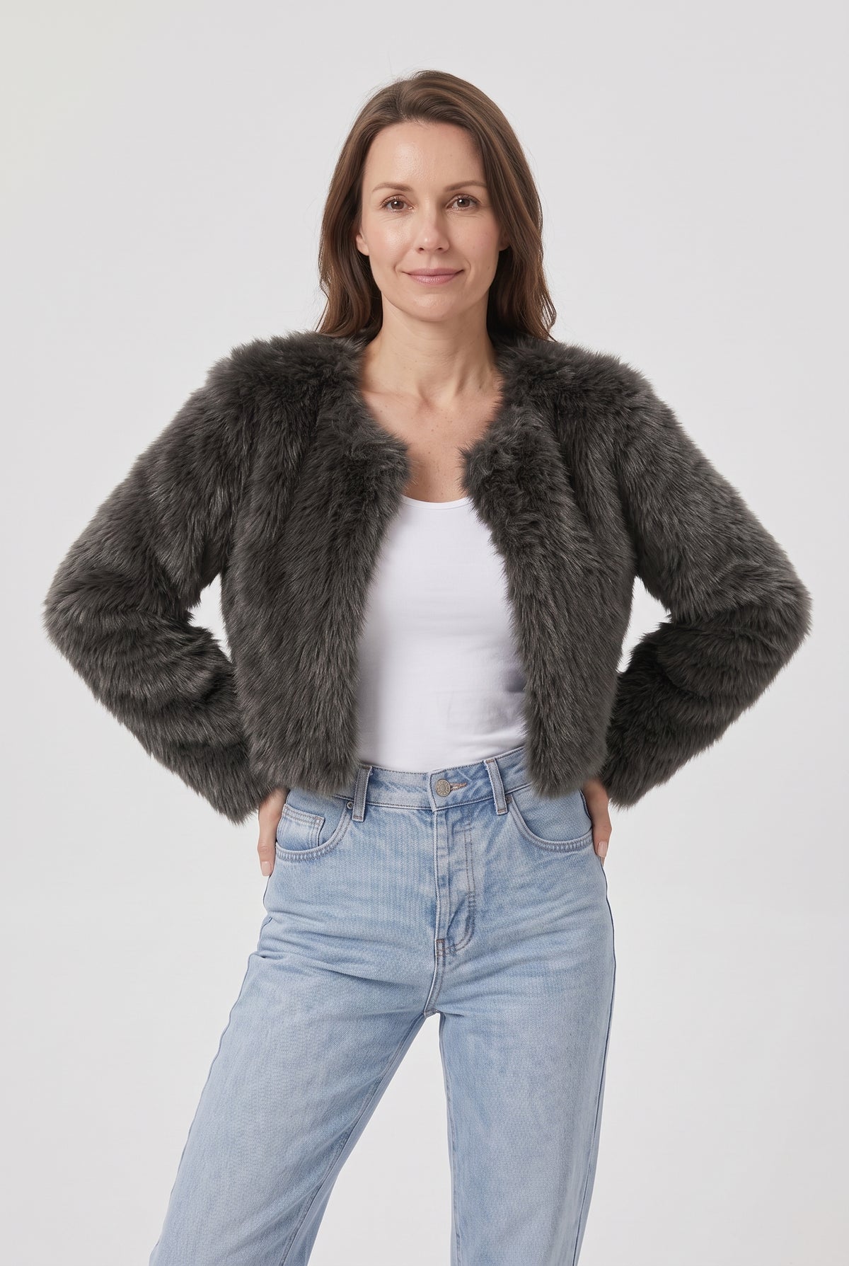 Women's Jacket | Faux Fur Cropped Collarless Open-Front - Charcoal