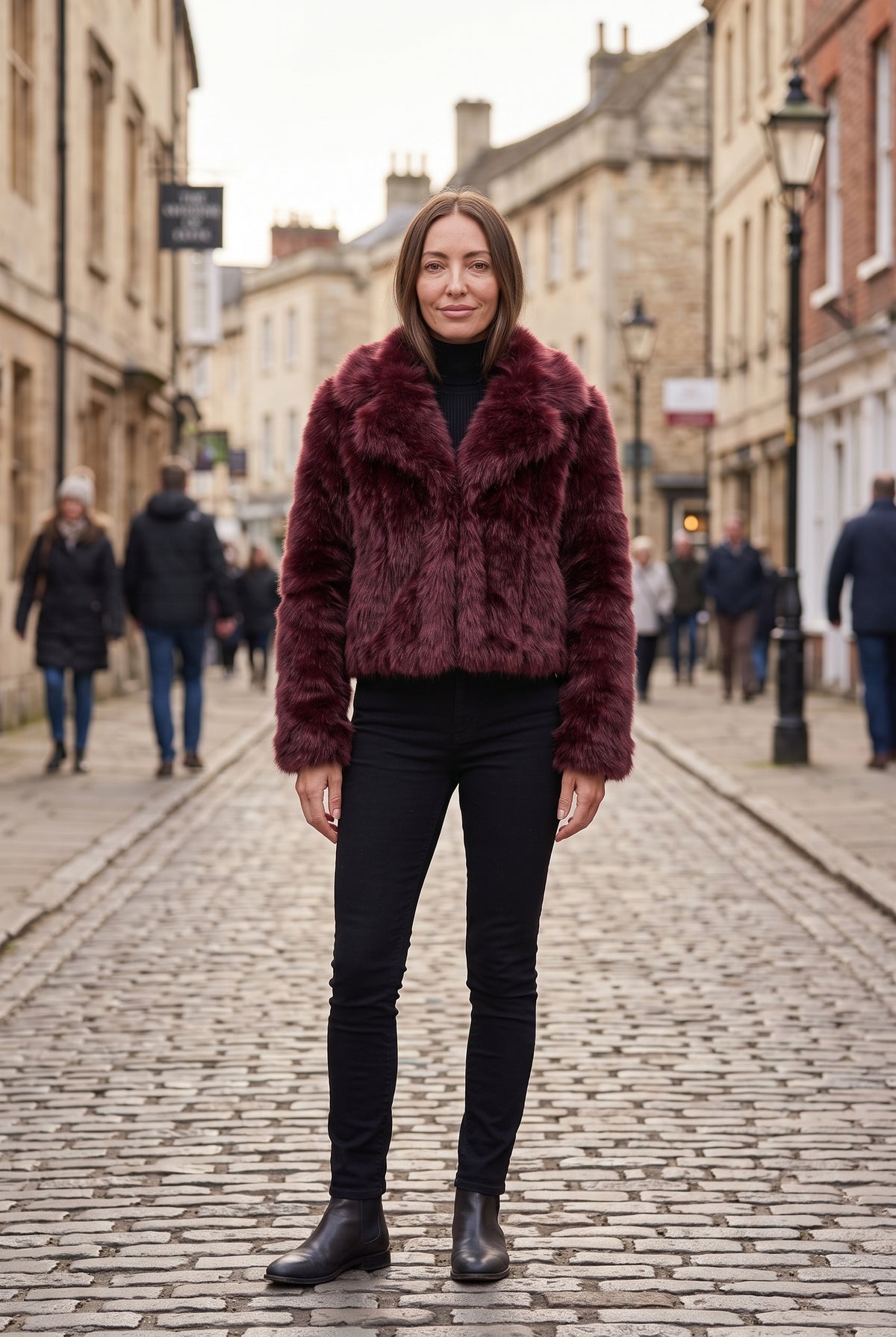 Women's Jacket | Faux Fur Cropped with Lapel Collar - Burgundy 2