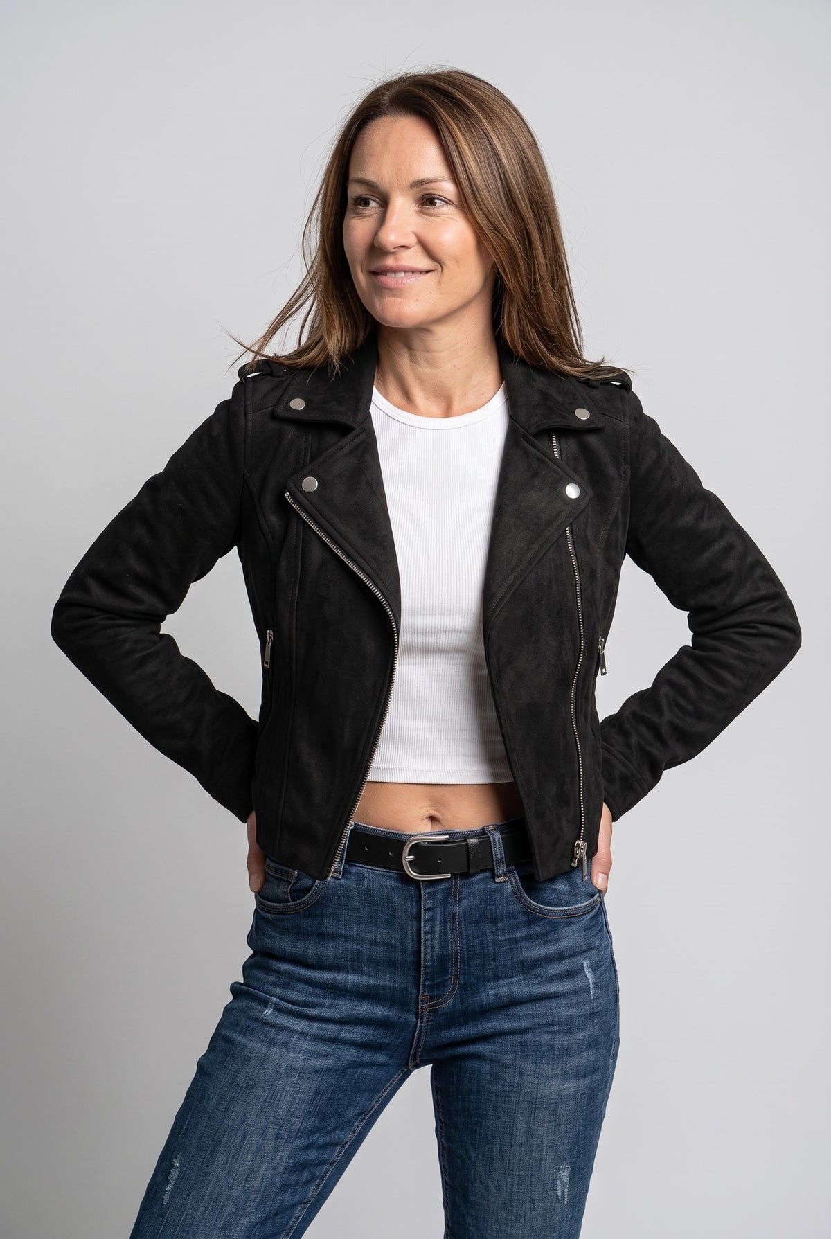 Women's Jacket | Suede-Look Biker with Lapel Collar - Black