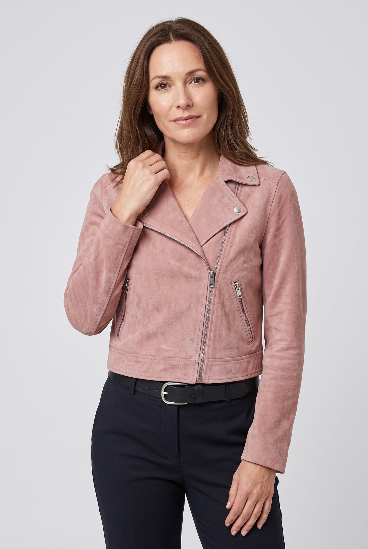 Women's Jacket | Suede-Look Biker with Lapel Collar - Dusty Pink