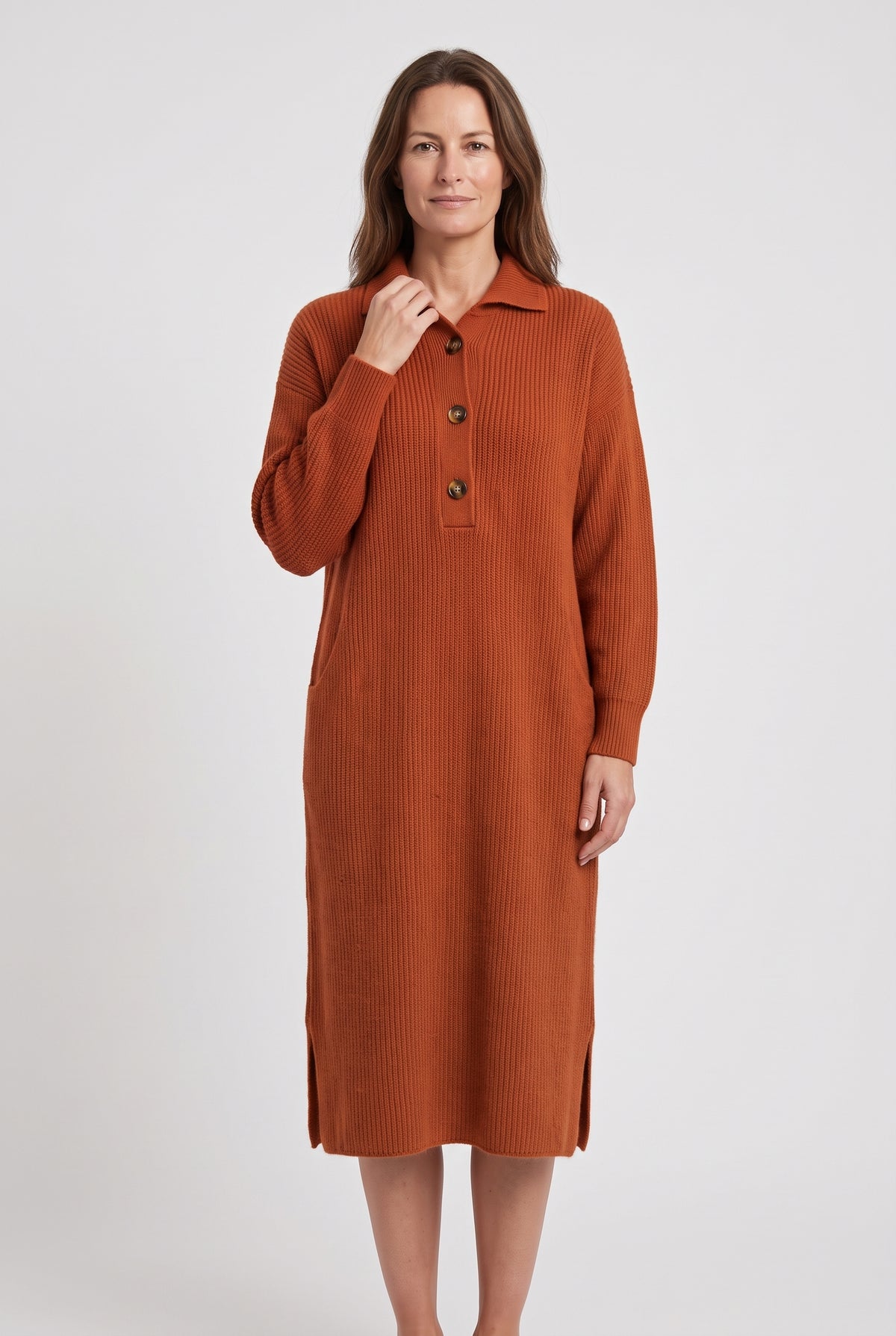 Women's Jumper Dress | Polo Collar Ribbed Knit Midi - Burnt Orange
