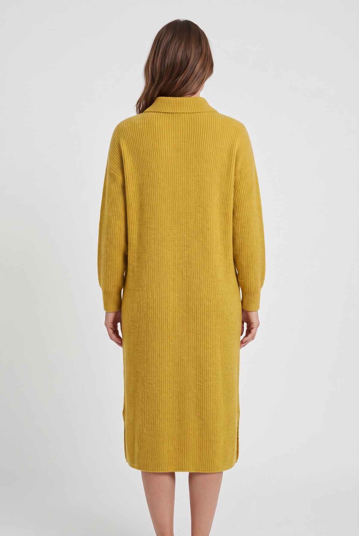 Women's Jumper Dress | Polo Collar Ribbed Knit Midi - Mustard back