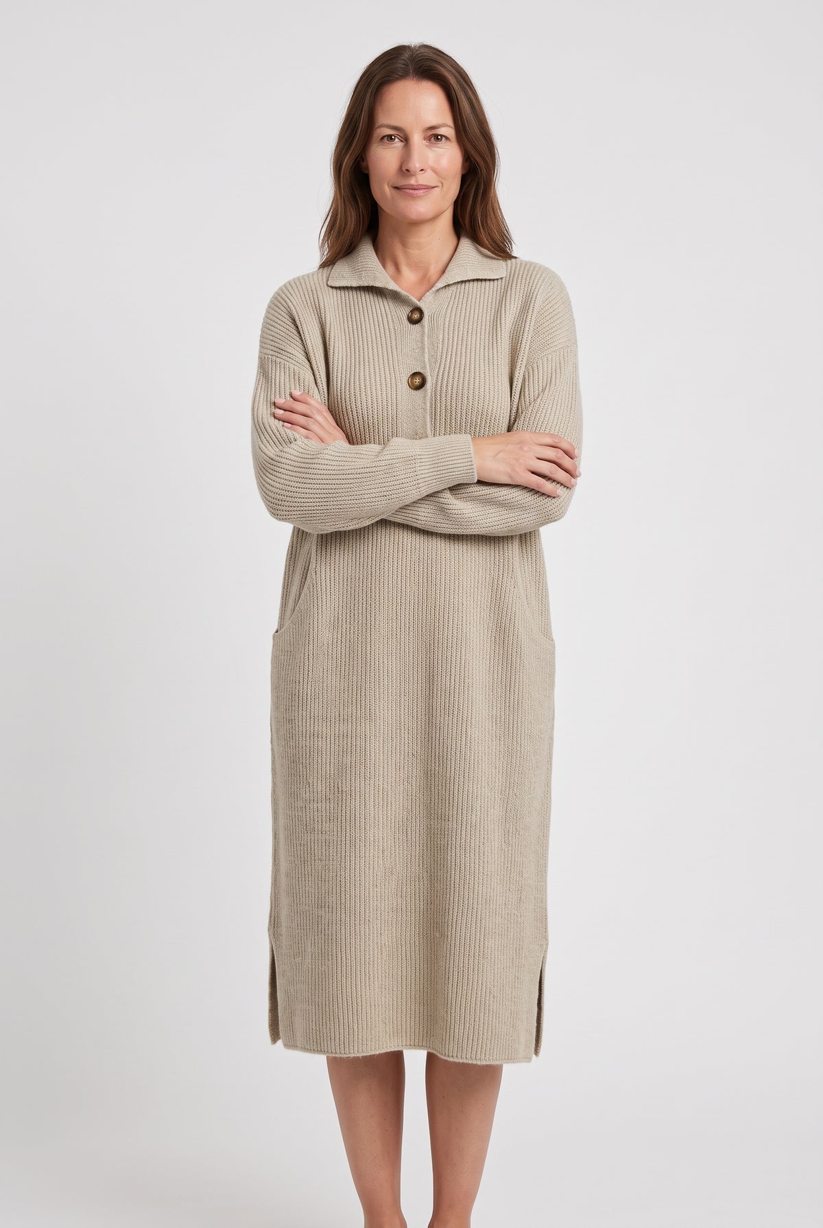 Women's Jumper Dress | Polo Collar Ribbed Knit Midi - Oatmeal