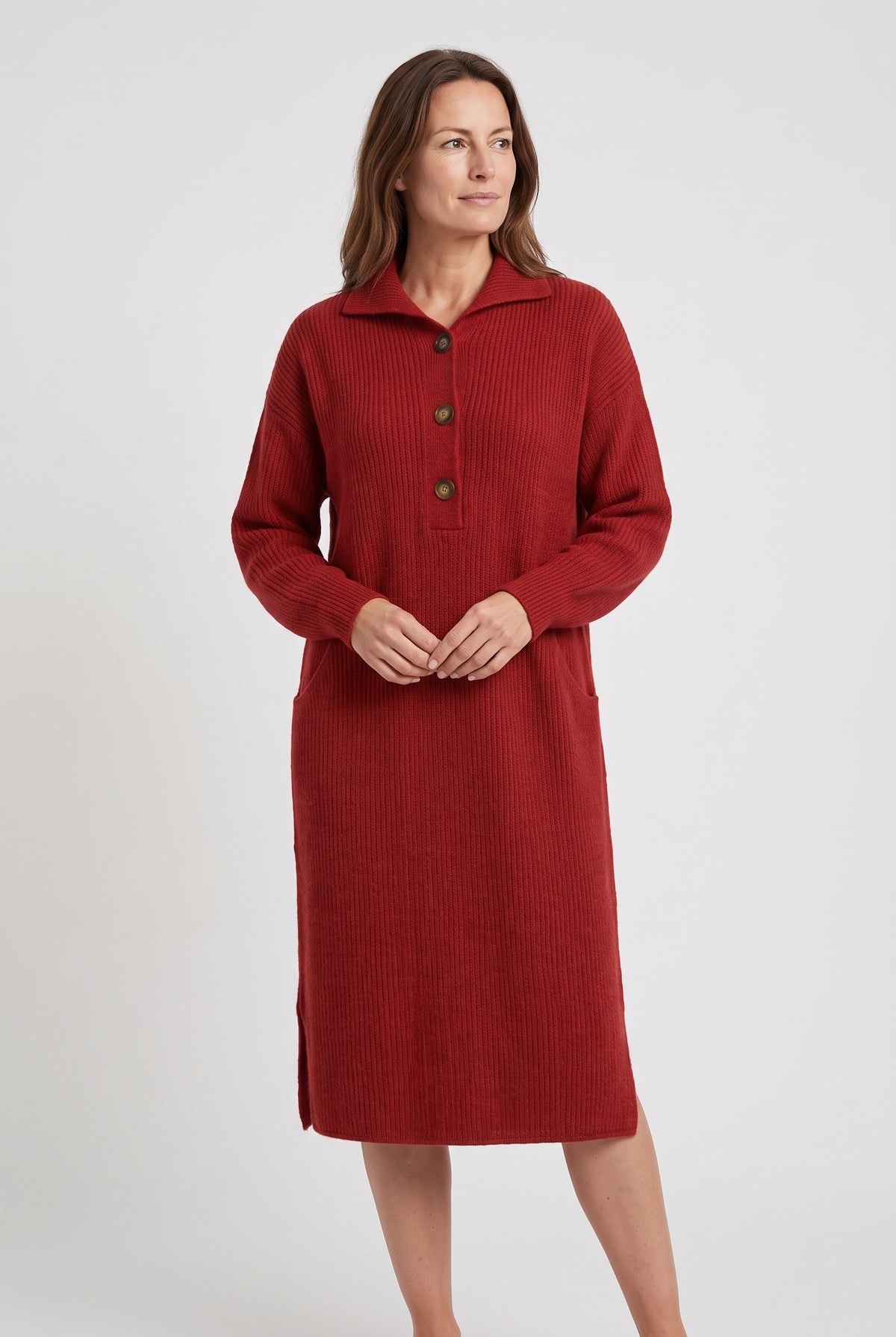 Women's Jumper Dress | Polo Collar Ribbed Knit Midi - Red