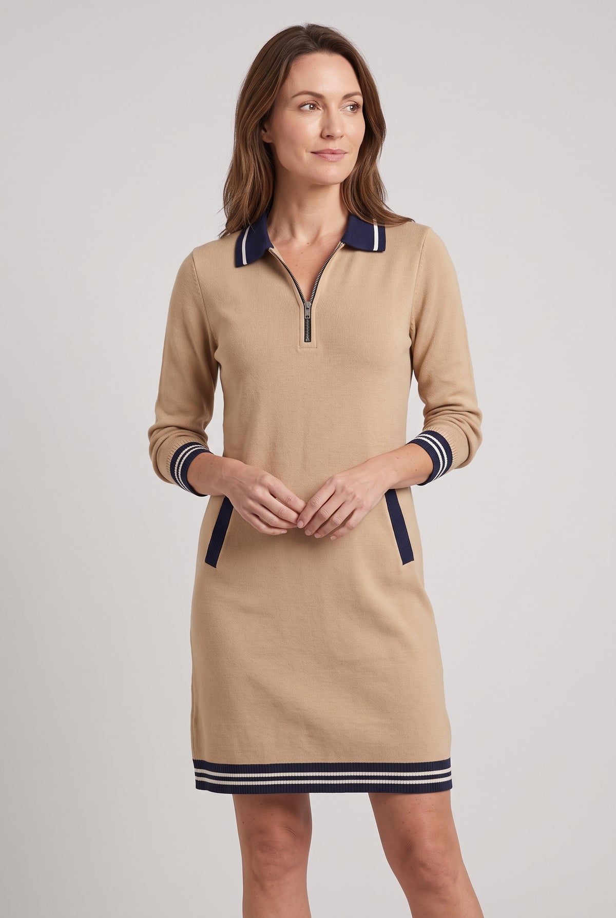 Women's Jumper Dress | Zip Polo Collar with Pockets - Beige