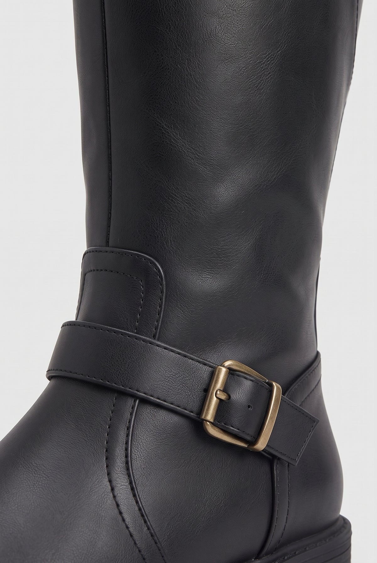 Women's Knee High Boots | Buckle Strap with Side Zip - Black detail