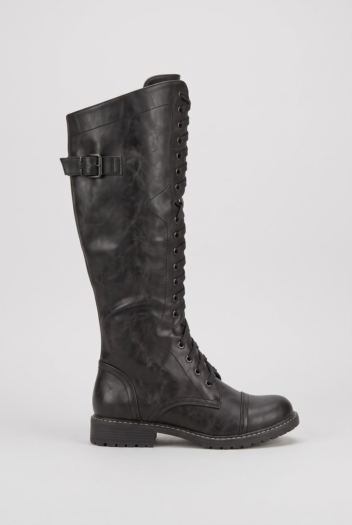 Women's Knee High Boots | Lace-Up Leather-Look with Buckle Strap - Black