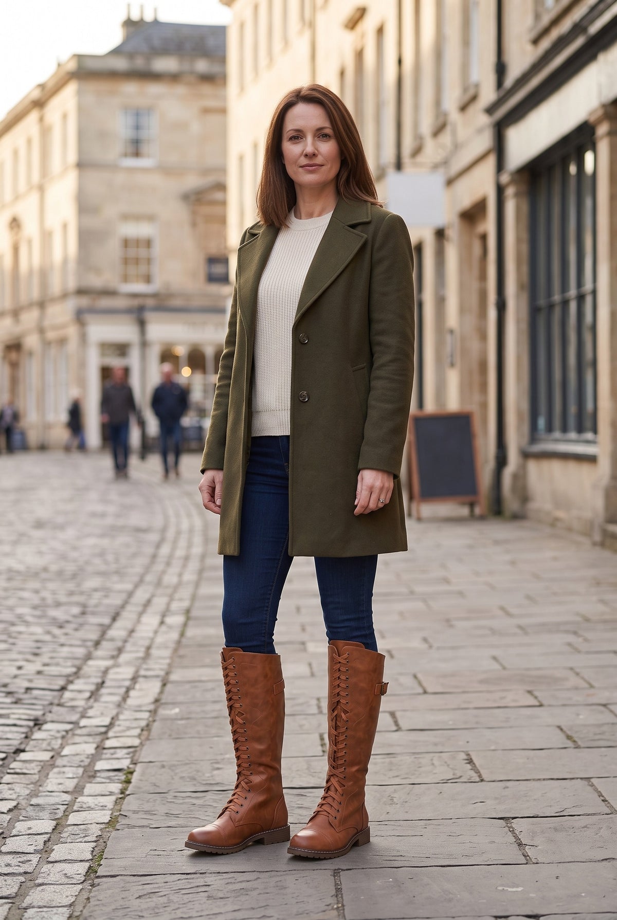 Women's Knee High Boots | Lace-Up Leather-Look with Buckle Strap - Brown lifestyle