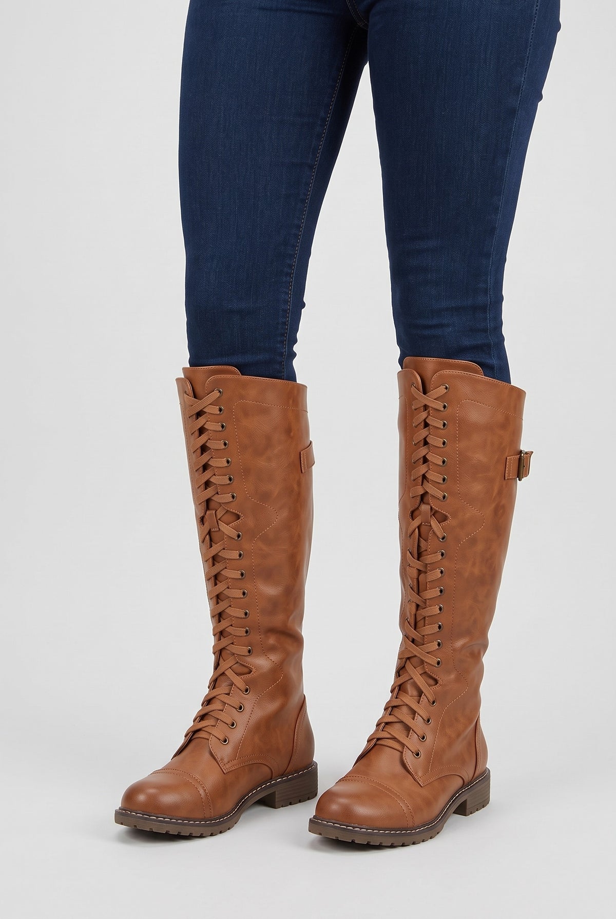 Women's Knee High Boots | Lace-Up Leather-Look with Buckle Strap - Brown worn