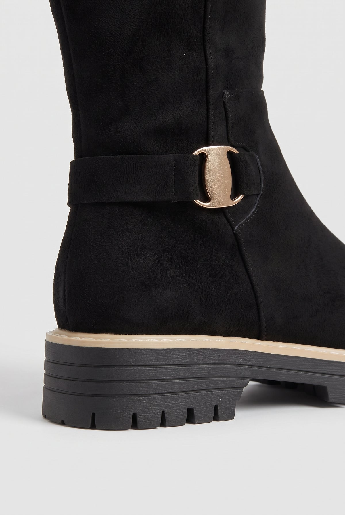 Women's Knee High Boots | Suede-Look with Chunky Lug Sole - Black detail
