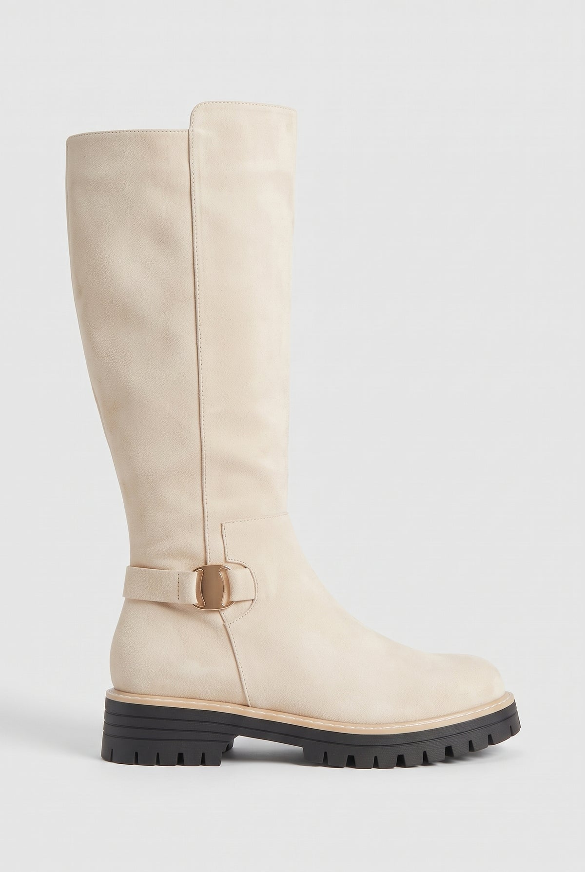 Women's Knee High Boots | Suede-Look with Chunky Lug Sole - Cream