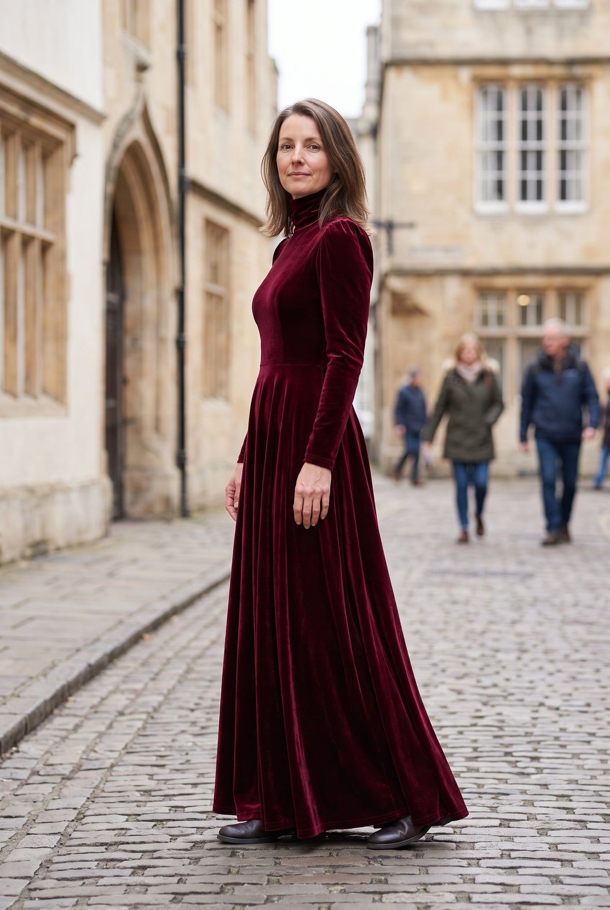 Women's Party Dress | Velvet-Look High Neck Maxi - Burgundy lifestyle
