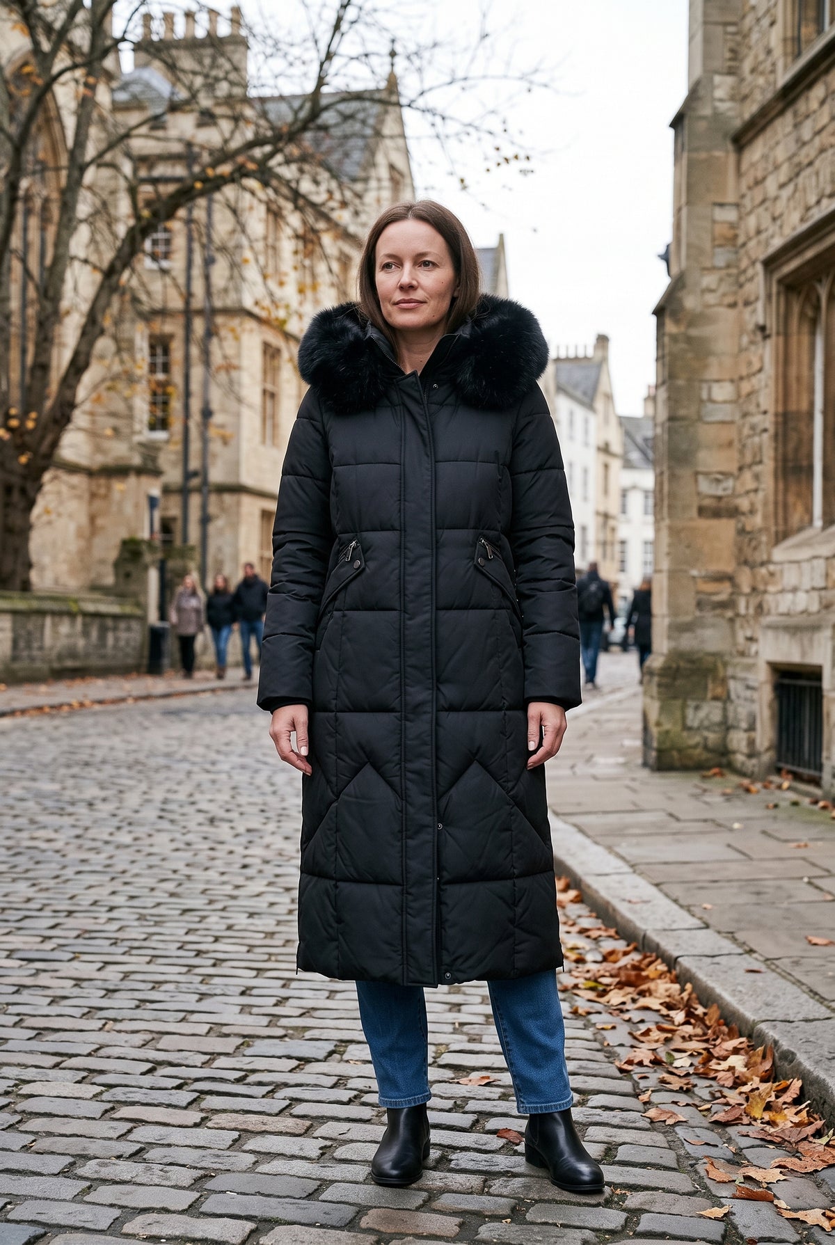 Women's Puffer Coat | Maxi Length with Faux Fur Trim Hood - Black lifestyle