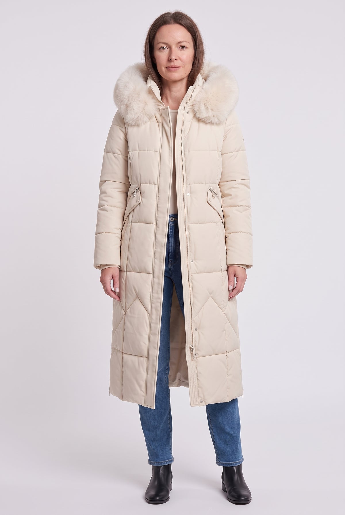 Women's Puffer Coat | Maxi Length with Faux Fur Trim Hood - Cream