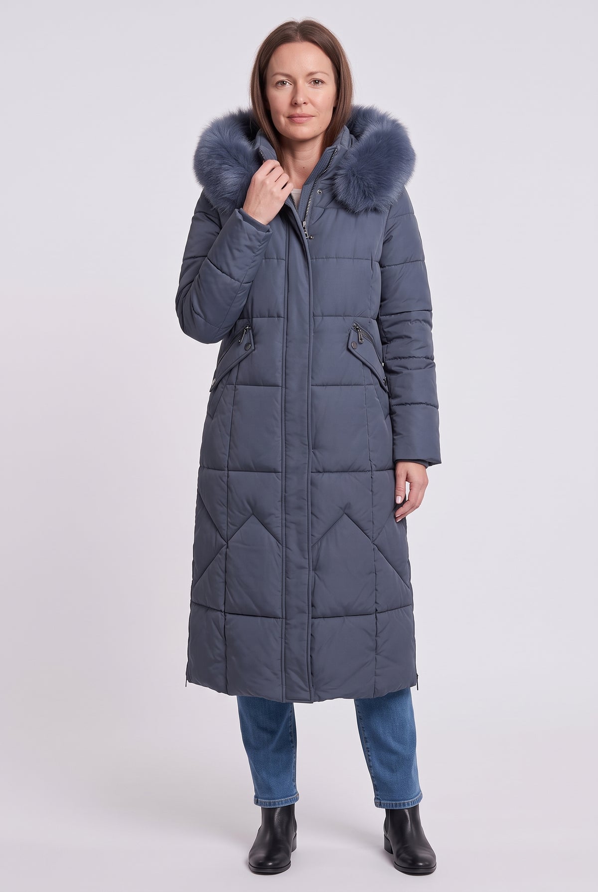 Women's Puffer Coat | Maxi Length with Faux Fur Trim Hood - Dark Grey