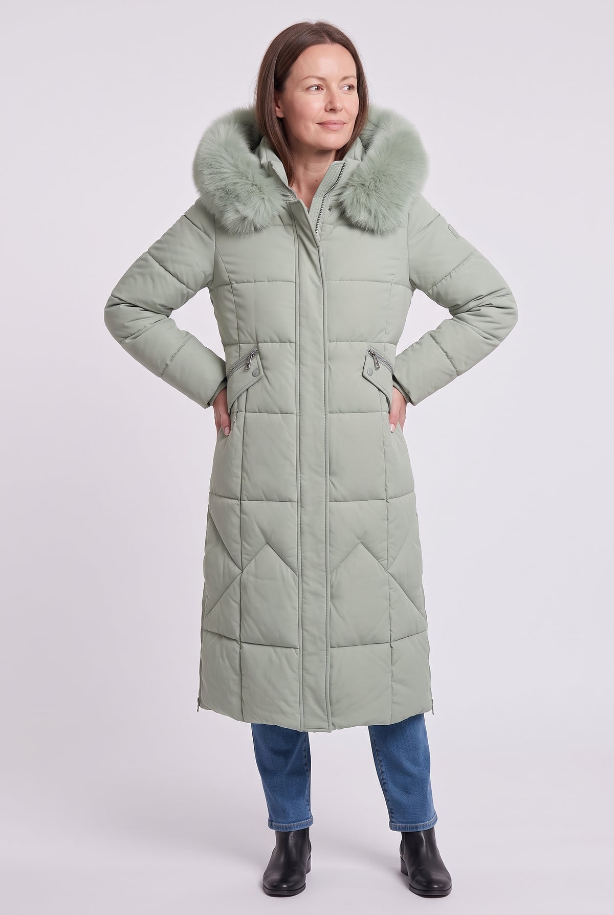 Women's Puffer Coat | Maxi Length with Faux Fur Trim Hood - Sage Green