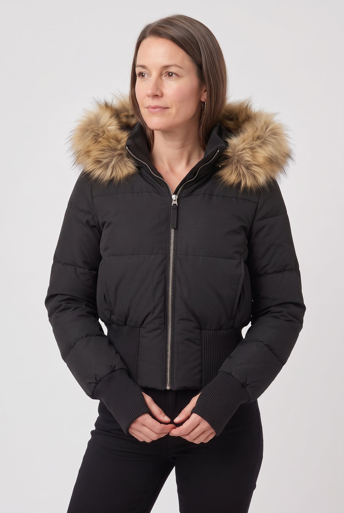 Women's Puffer Jacket | Cropped with Faux Fur Trim Hood - Black