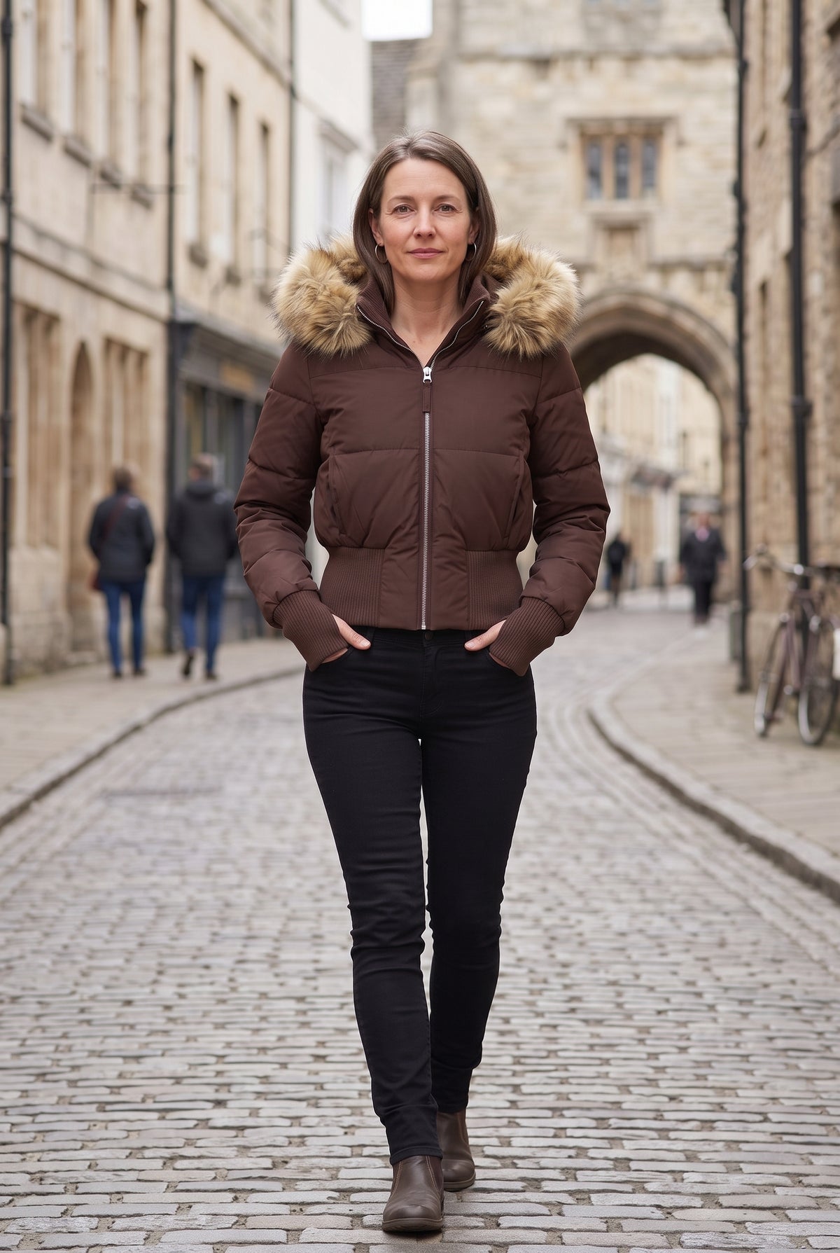 Women's Puffer Jacket | Cropped with Faux Fur Trim Hood - Brown lifestyle
