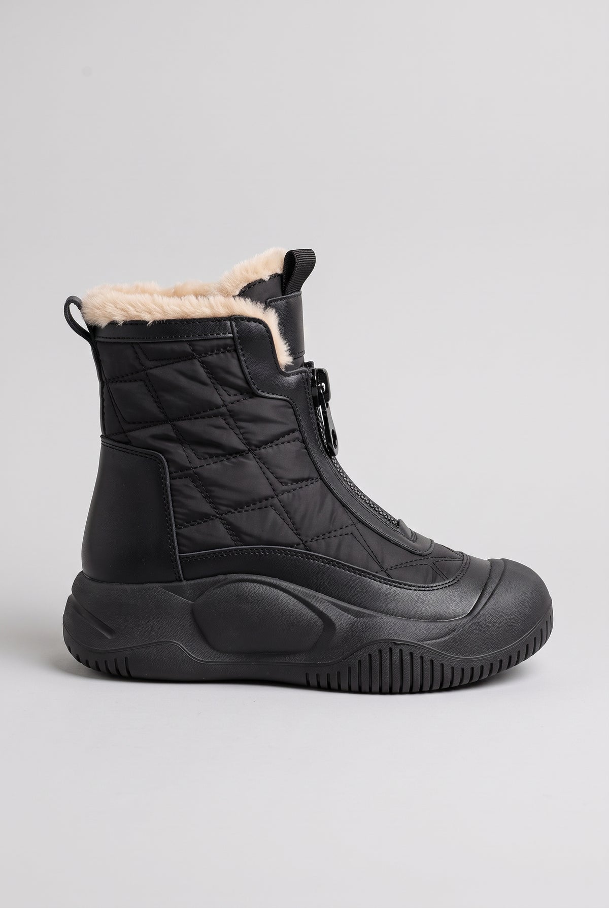 Women's Snow Boots | Ankle Height Faux Fur Lined with Front Zip - Black