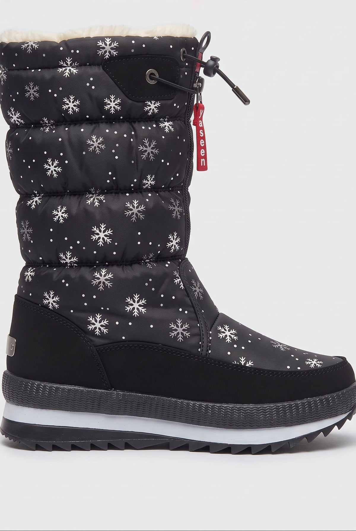 Women's Snow Boots | Mid-Calf Padded with Drawstring Top - Black Snowflake