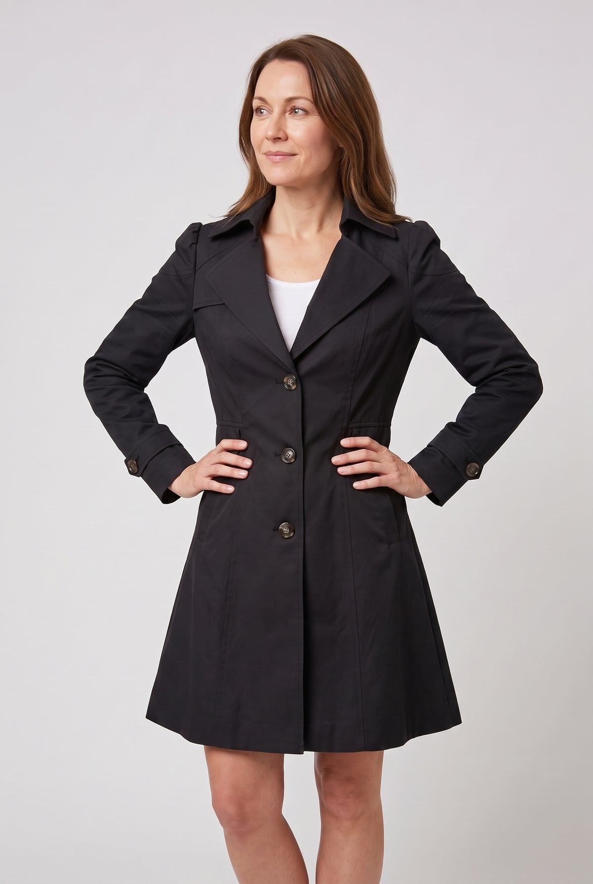 Women's Trench Coat | Single-Breasted with Puff Shoulders - Black