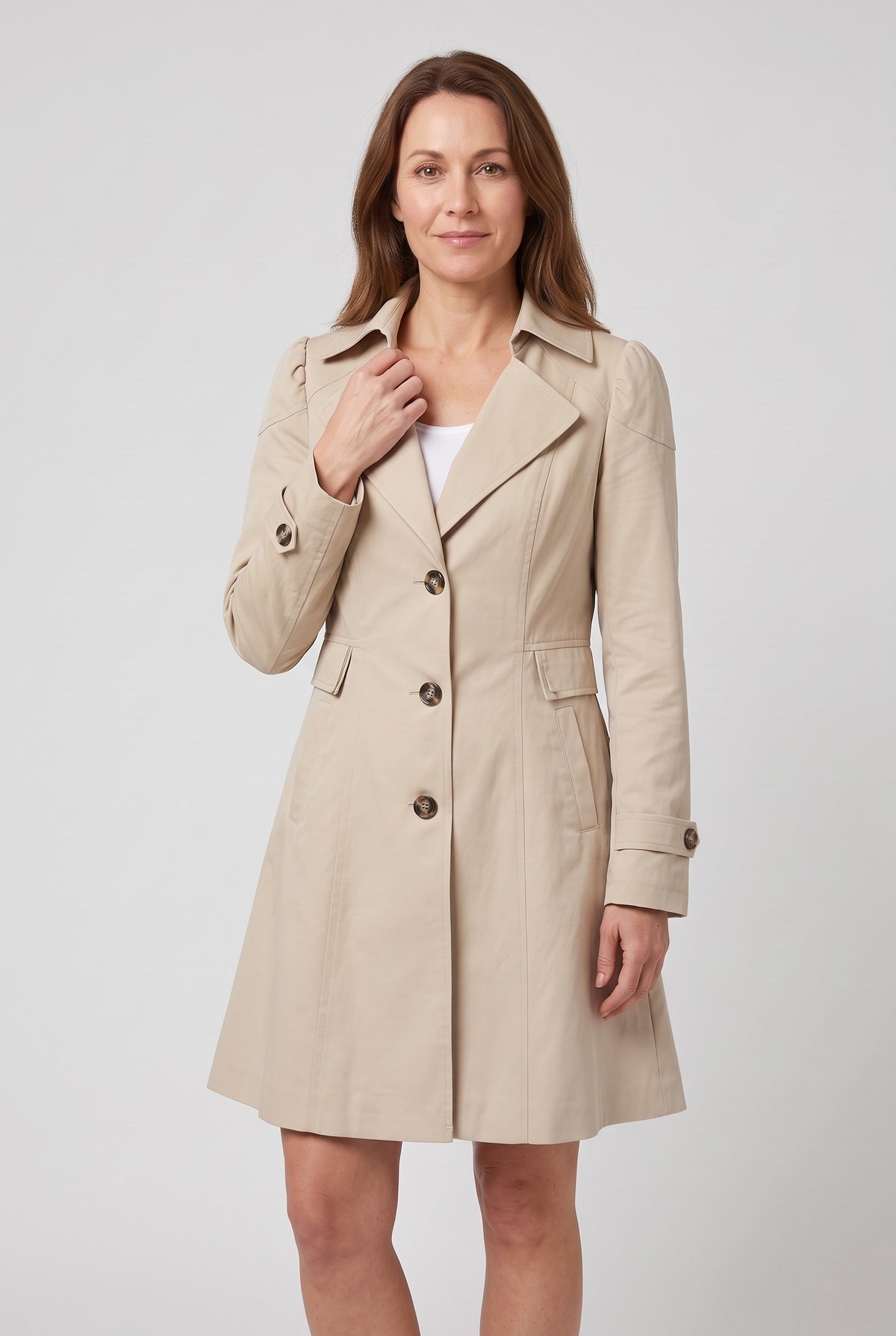 Women's Trench Coat | Single-Breasted with Puff Shoulders - Khaki