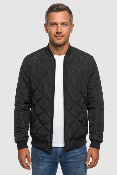 Men's Bomber Jacket | Diamond Quilted Zip-Up - Black