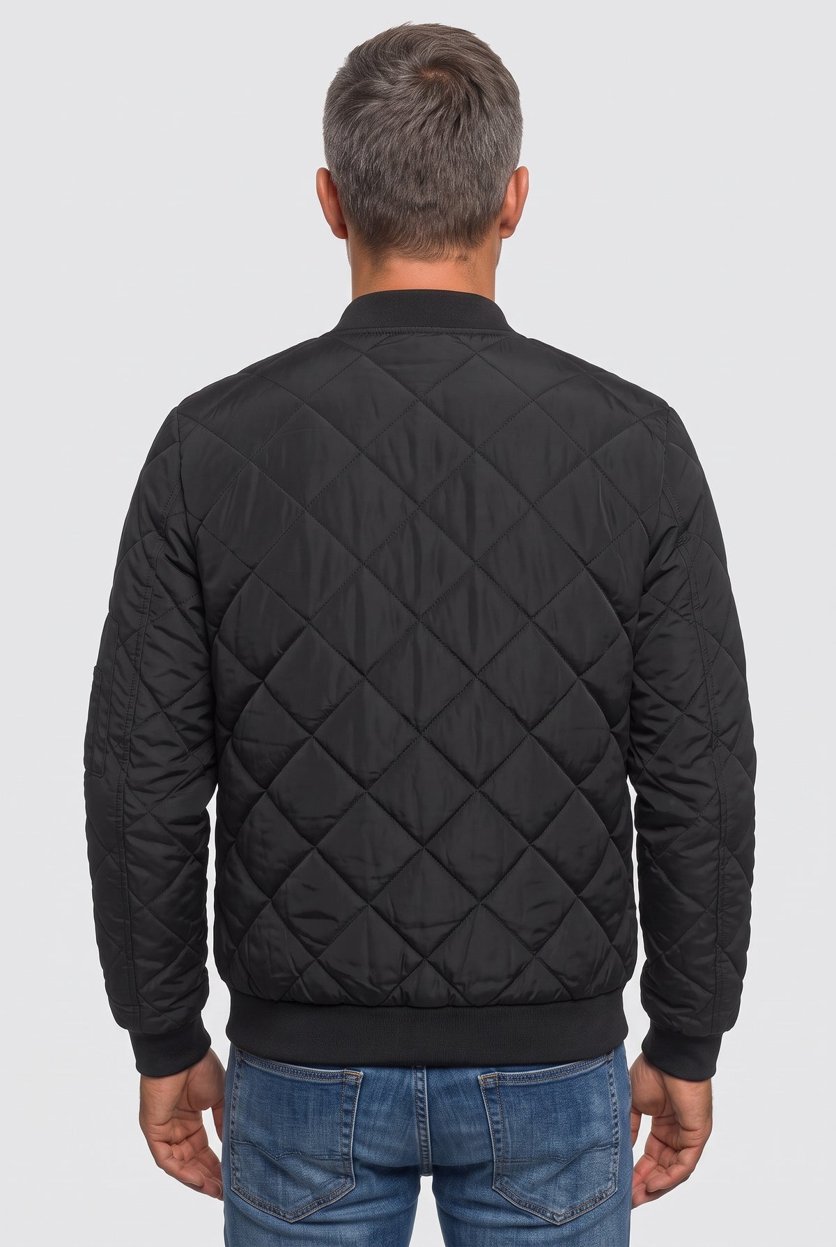 Men's Bomber Jacket | Diamond Quilted Zip-Up - Black back