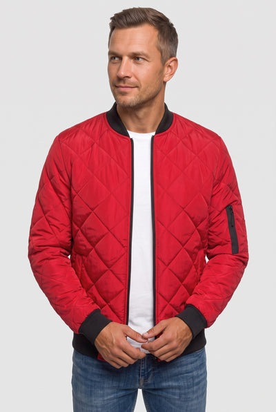 Men's Bomber Jacket | Diamond Quilted Zip-Up - Red