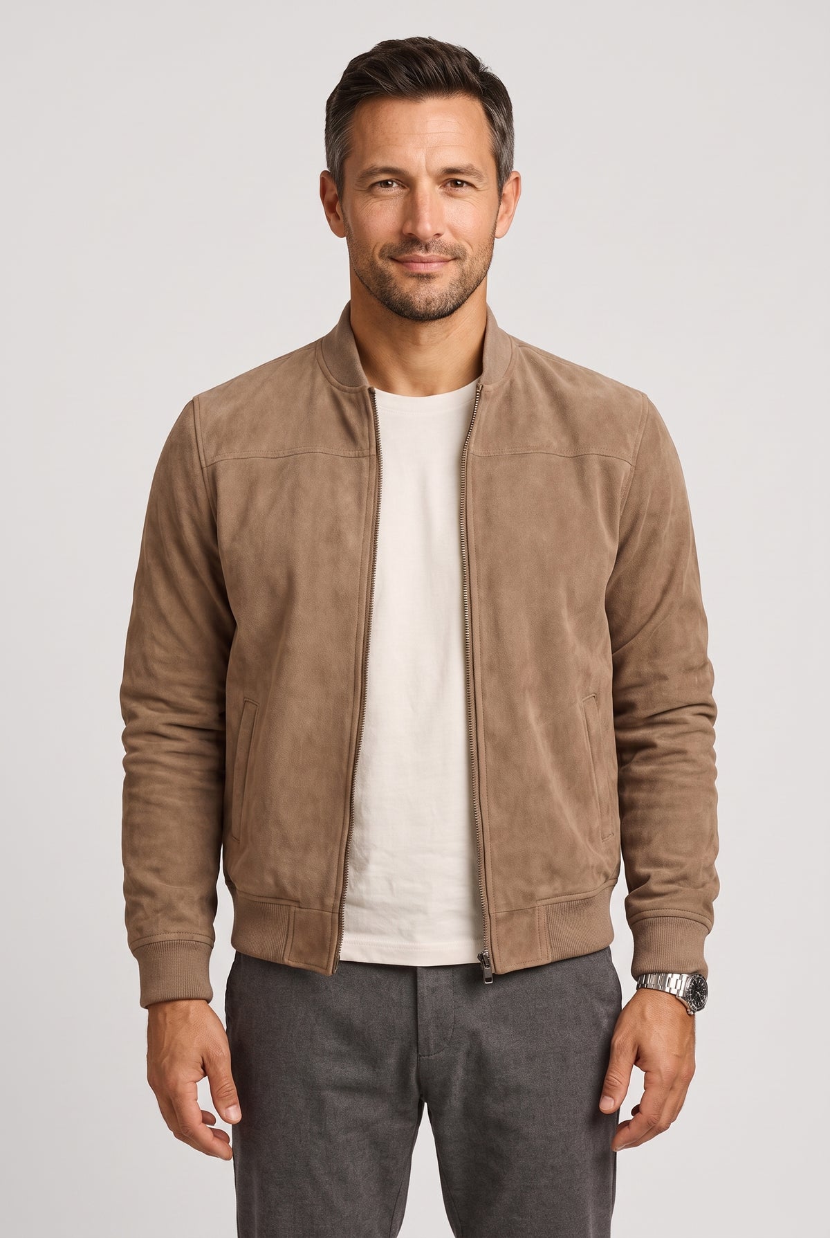 Men's Bomber Jacket | Suede-Look Zip-Up - Taupe