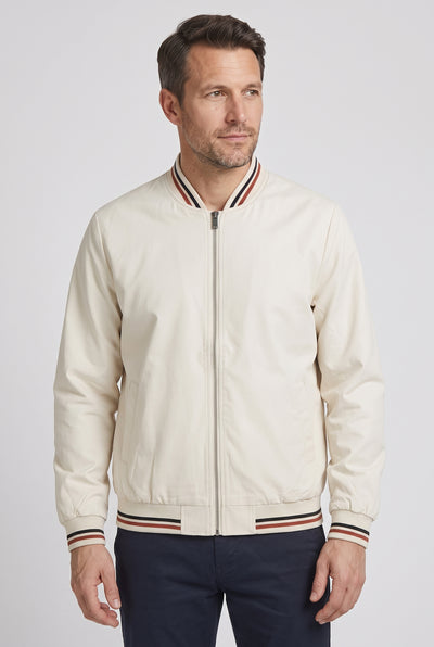 Men's Bomber Jacket | Tipped Rib Trim Zip-Up - Ecru
